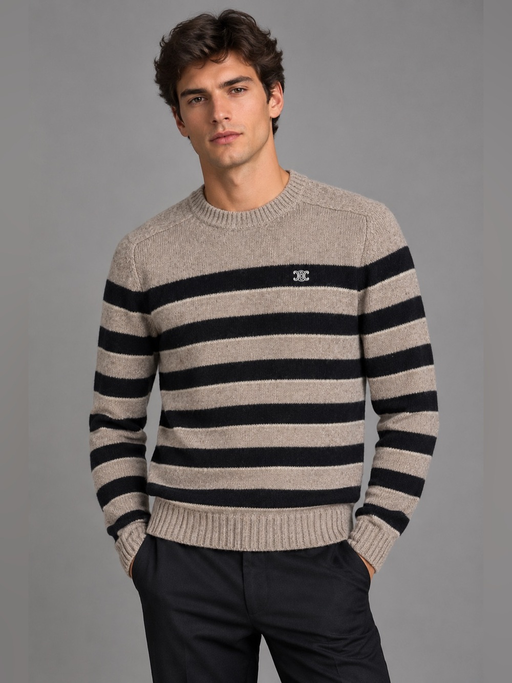 Celine Paris Men’s Triomphe Logo Striped Wool Crewneck Sweater Size S